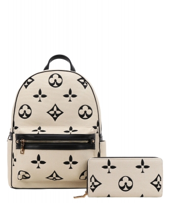 2in1 Pattern Print Design Zipper Backpack Set 3C-8578W BEIGE